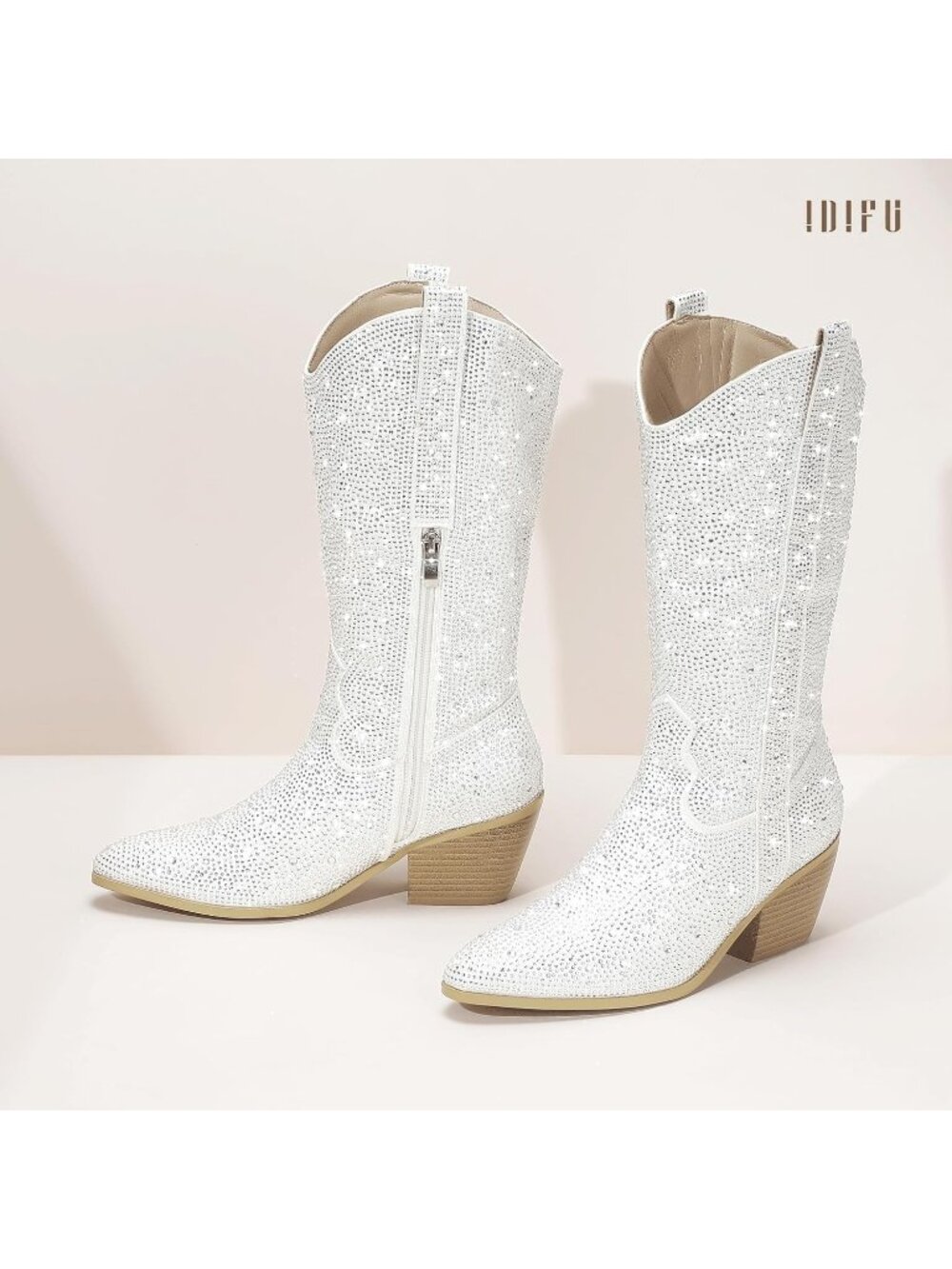 Women's White Rhinestone Mid Calf Sparkly Western Chunky Heel Cowgirl Booties - Picture 3 of 6